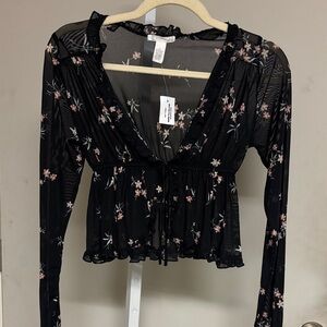NWT Full Tilt Black Floral Sheer Blouse
